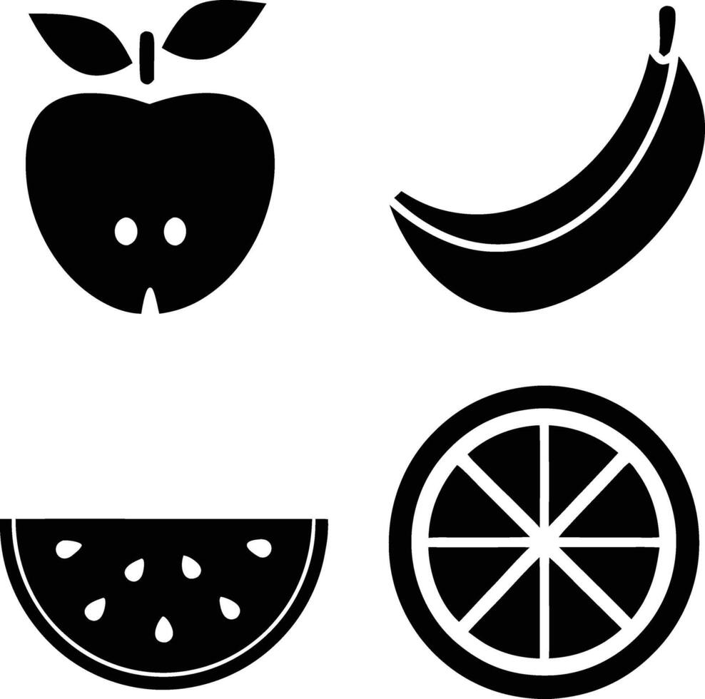 Apple, Banana, Watermelon, Orange Black Fruit Icons Set vector