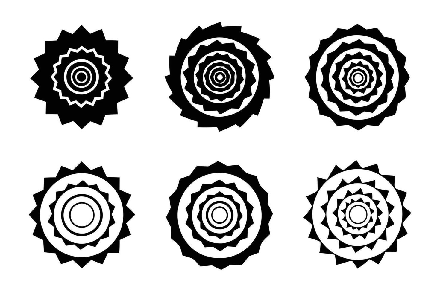 Six Black Circular Mandala Designs, Geometric Sunburst Patterns vector