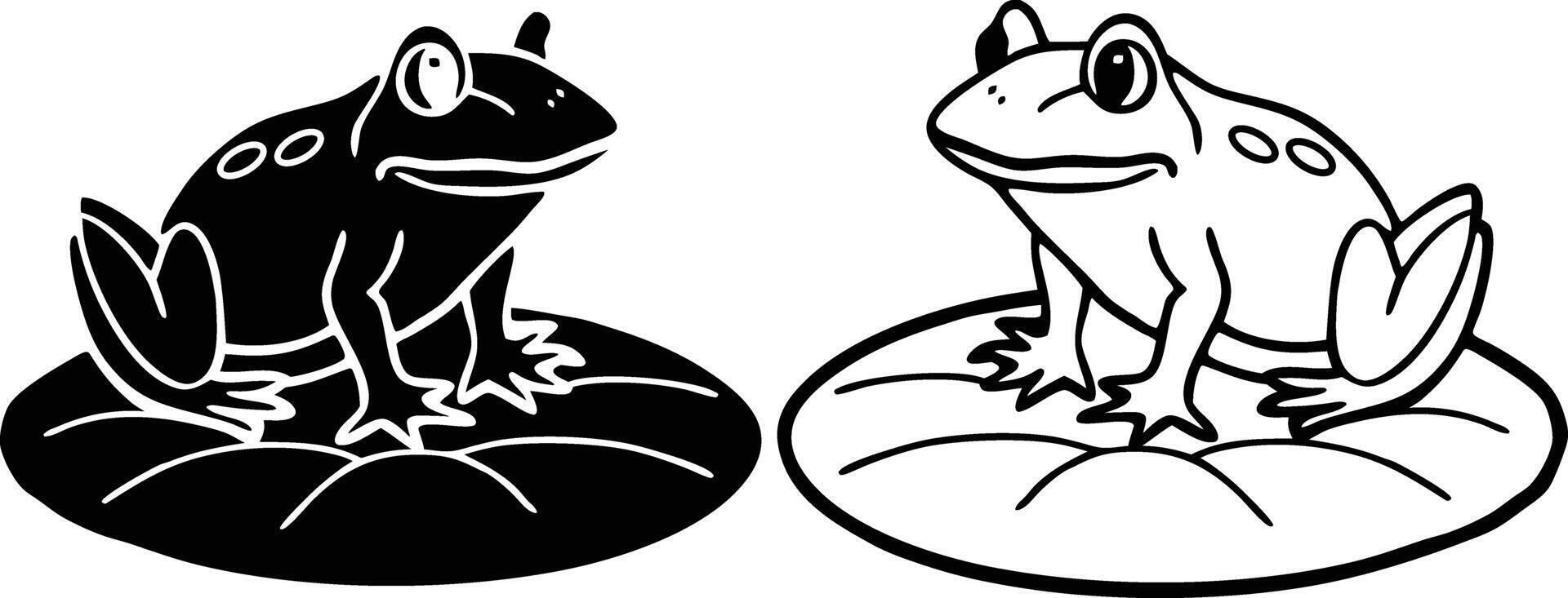 Two Adorable Frogs on Lily Pads Black and White Illustrations vector