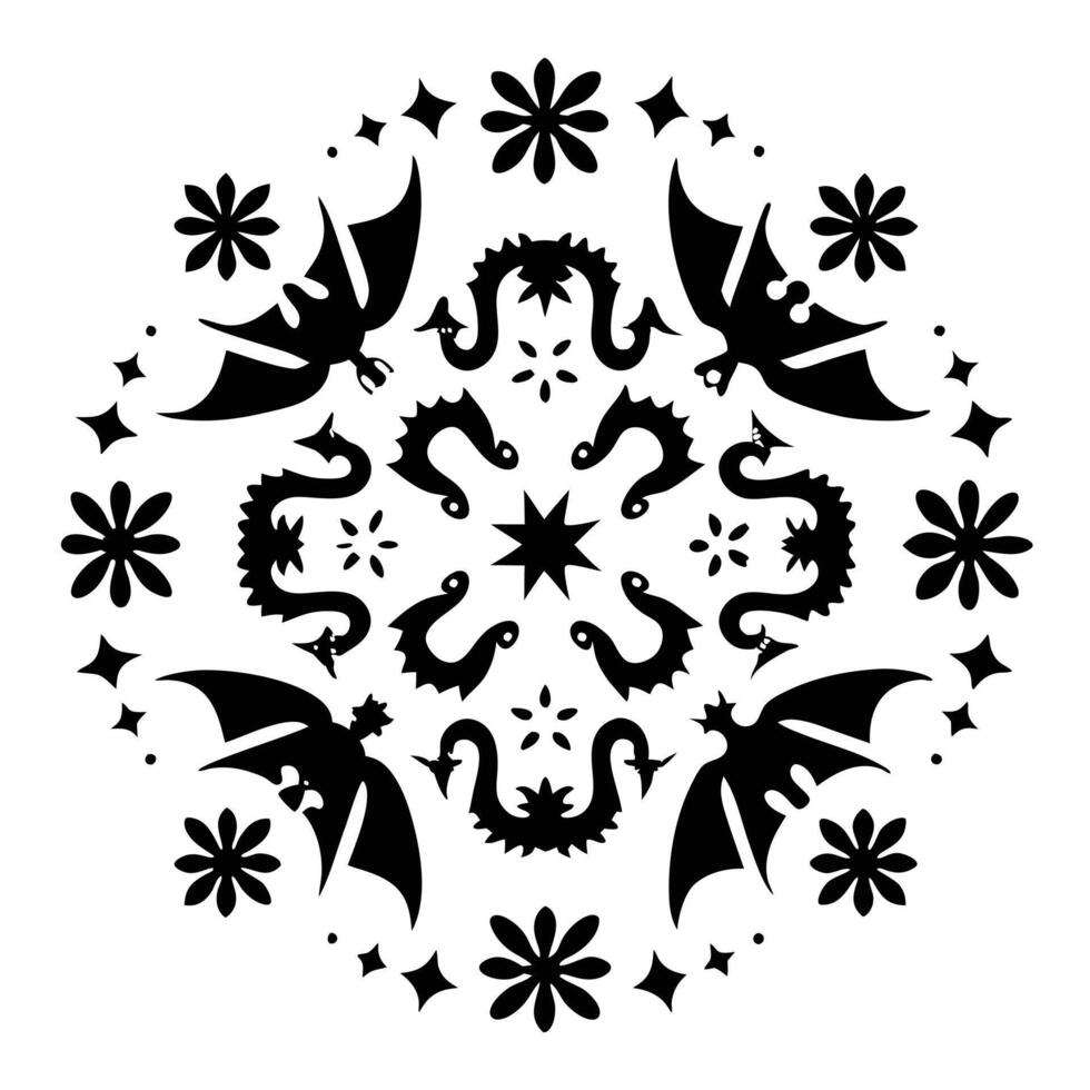 Black Dragon Mandala Floral Symmetrical Serpentine Design vector