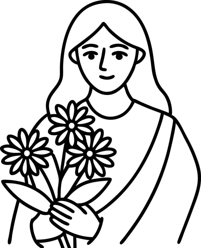 Woman Holding Flowers, Line Art, Simple, Elegant, Daisies, Bouquet, Black and White, Minimalist Desi vector