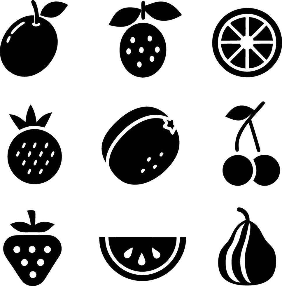 Black Glyph Icons Fruit Set, Orange, Strawberry, Cherry, Kiwi vector