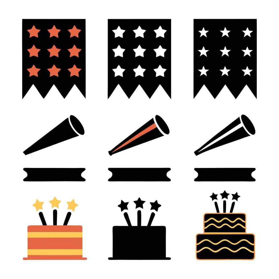 Party Celebration Icons Banners, Horns, Cakes, Stars vector