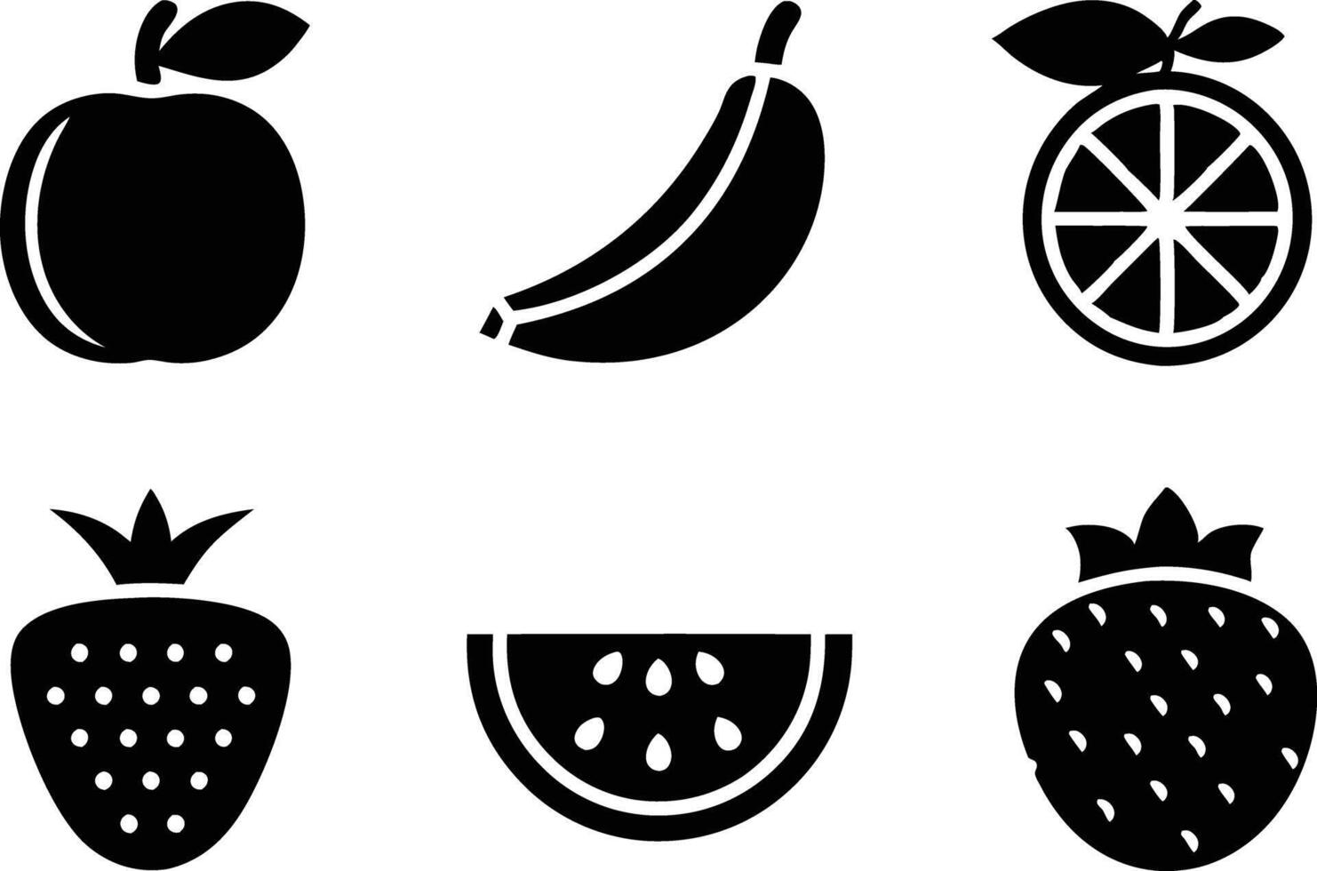 Black Fruit Icons Apple, Banana, Orange, Strawberry, Watermelon vector