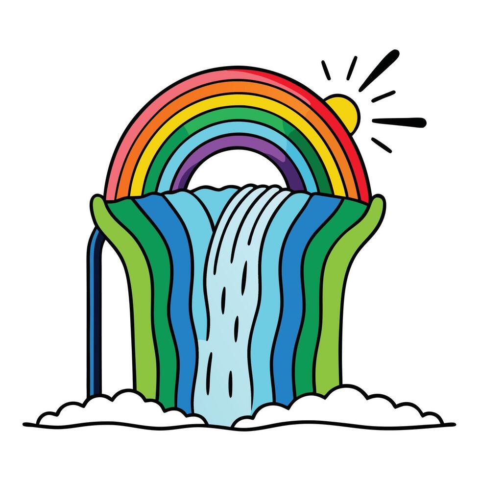 Rainbow Waterfall Sun, Clouds, and Vibrant Colors Cascade vector