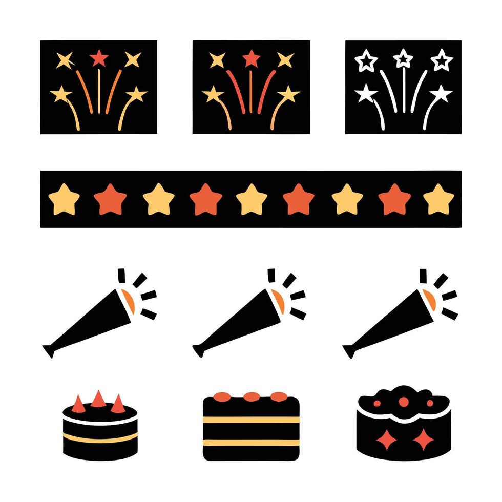 Celebration Party Icons Fireworks, Stars, Party Blowers, Cakes vector