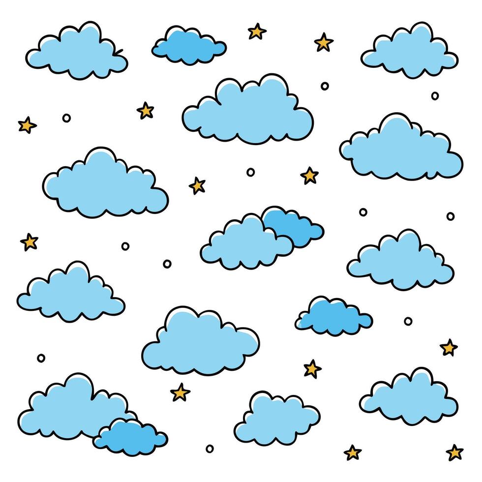 Cute Cartoon Clouds, Stars, Night Sky, Baby, Child, Design, Illustration, Pattern, Background vector