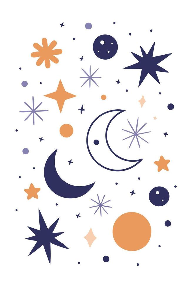 Celestial Night Sky Moons, Stars, Planets, Galaxy Art vector