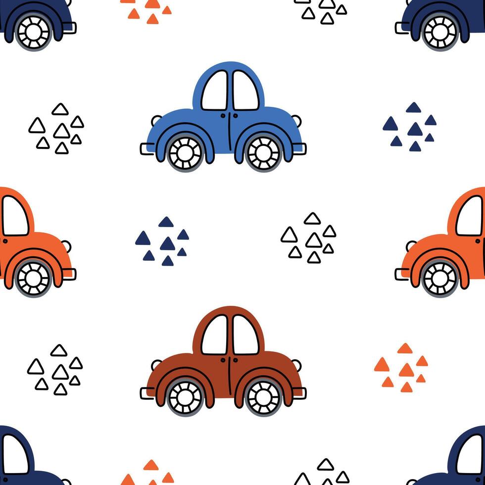 Bright children's seamless pattern with colored cars on a white background with geometric shapes. Ideal for wrapping paper, textiles. illustration. vector