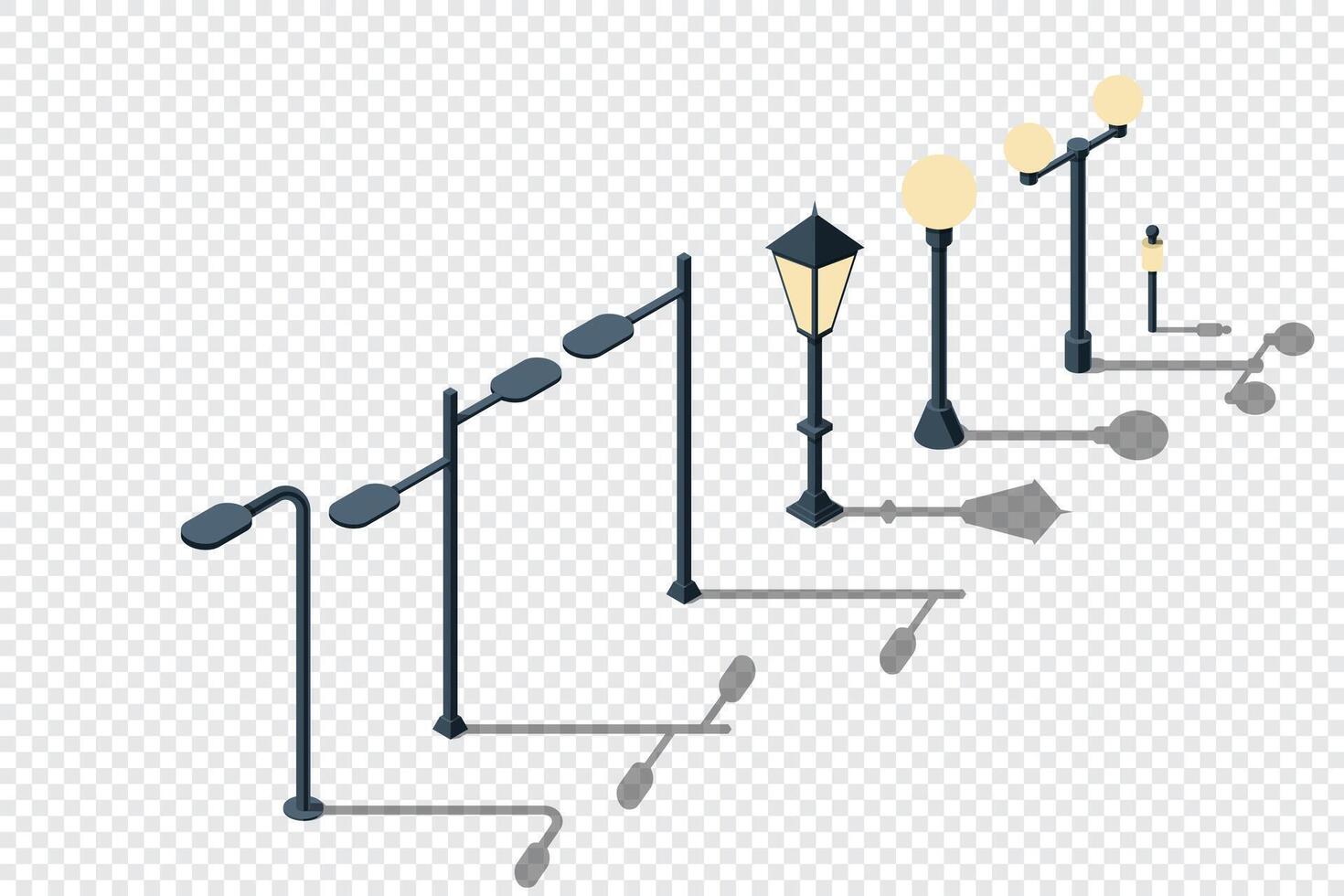 Set of light lamp pillar. Isometric street light. Isometric icon of a park light. Light pillar icon. Isometric outdoor lighting, vector