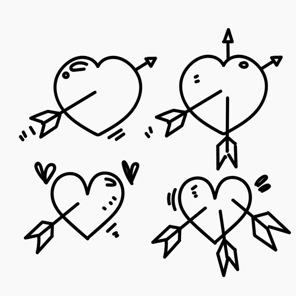four hearts with arrows and arrows drawn in black vector