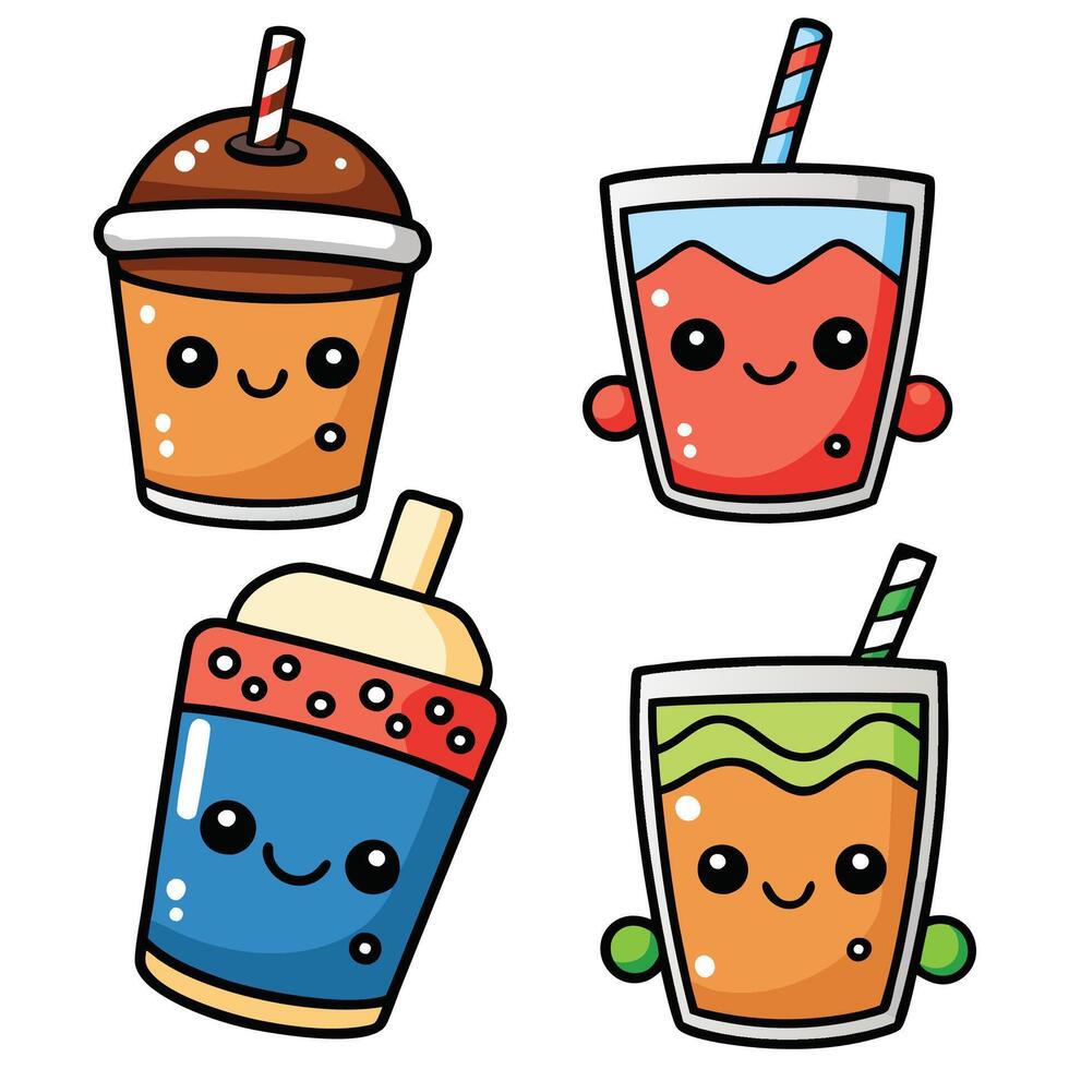 cute kawaii drink icons set illustration vector