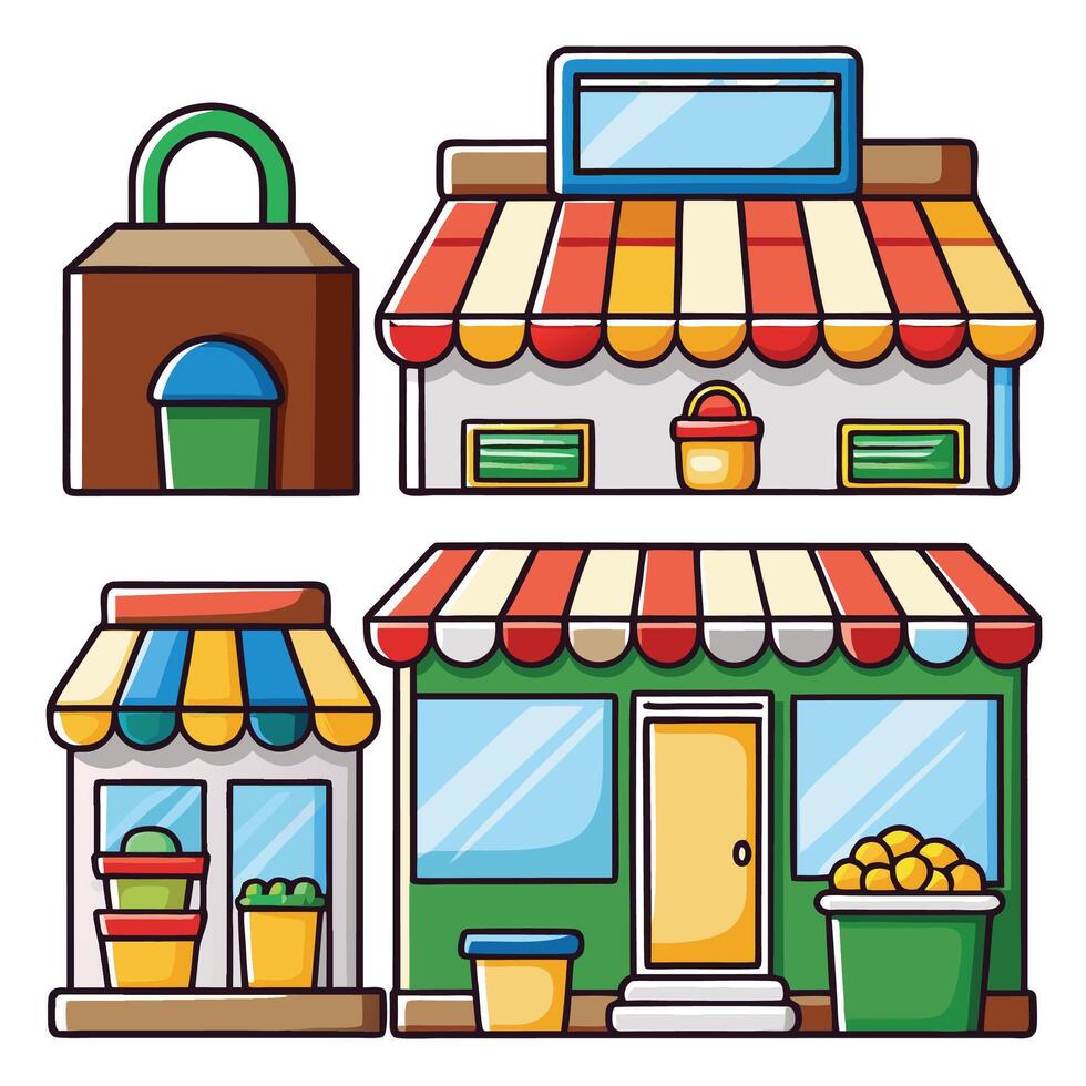 a set of four different types of shops and buildings vector