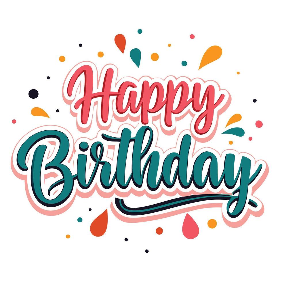 happy birthday lettering with colorful confetti and dots vector