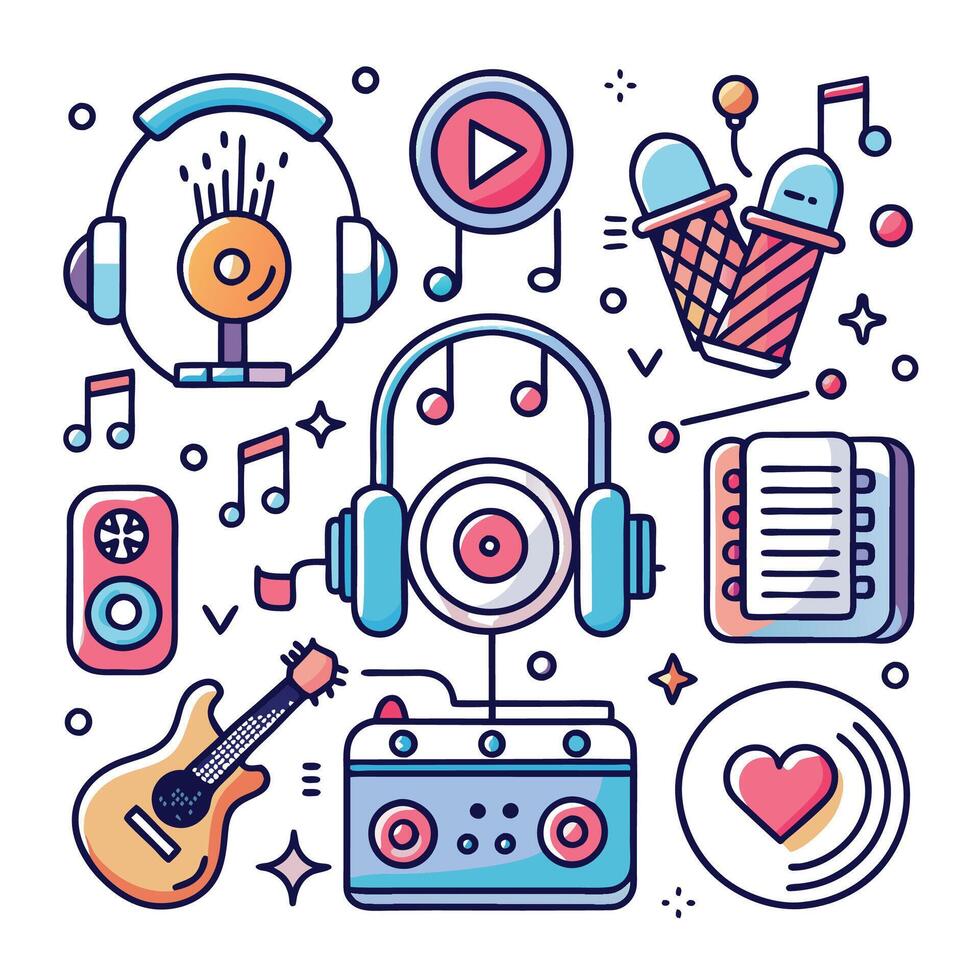 music icons set with headphones, guitar, microphone, ice cream, heart and other items vector
