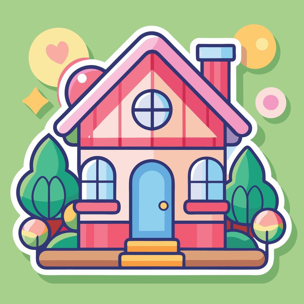 a cartoon house with a pink roof and window vector