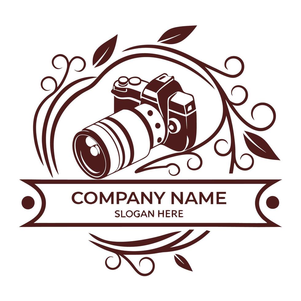 a camera logo with a frame and leaves vector