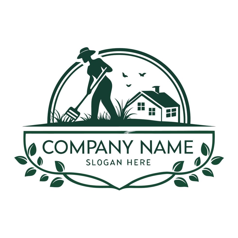 a woman is raking leaves and cleaning the house logo design vector