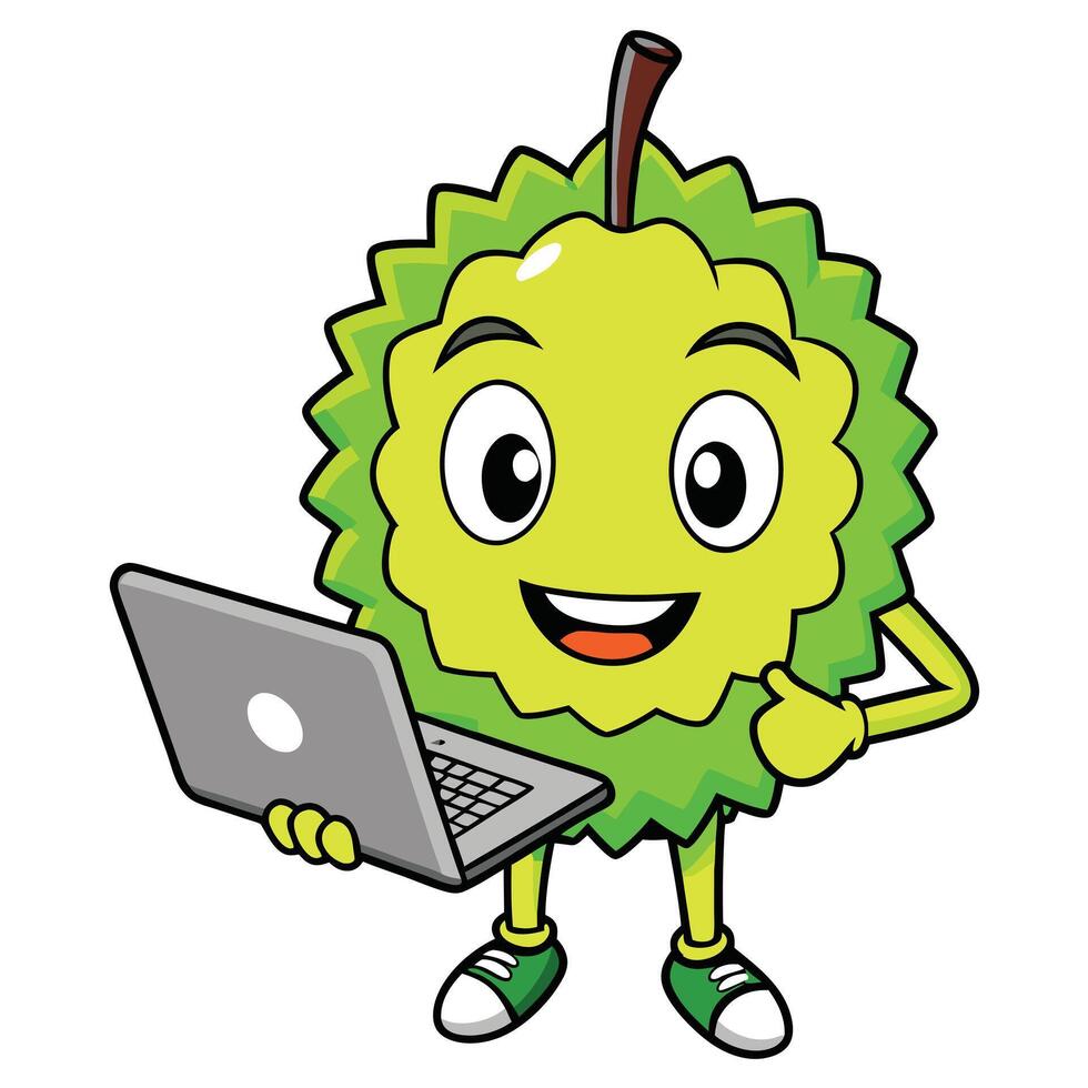 Happy durian cartoon character with arms using laptop vector