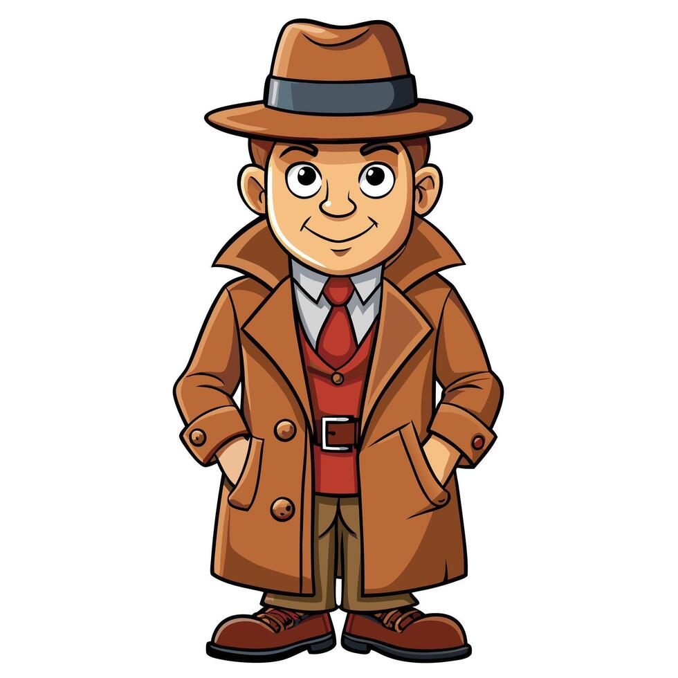 Detective wearing brown overcoat and hat vector