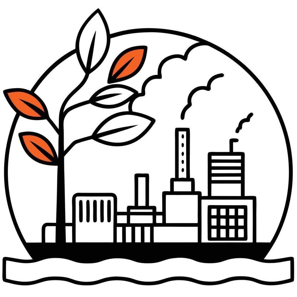 Cityscape Silhouette with Factory Pollution and Lone Tree vector