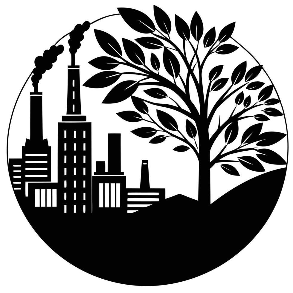 Industrial Skyline with Pollution and a Solitary Tree vector