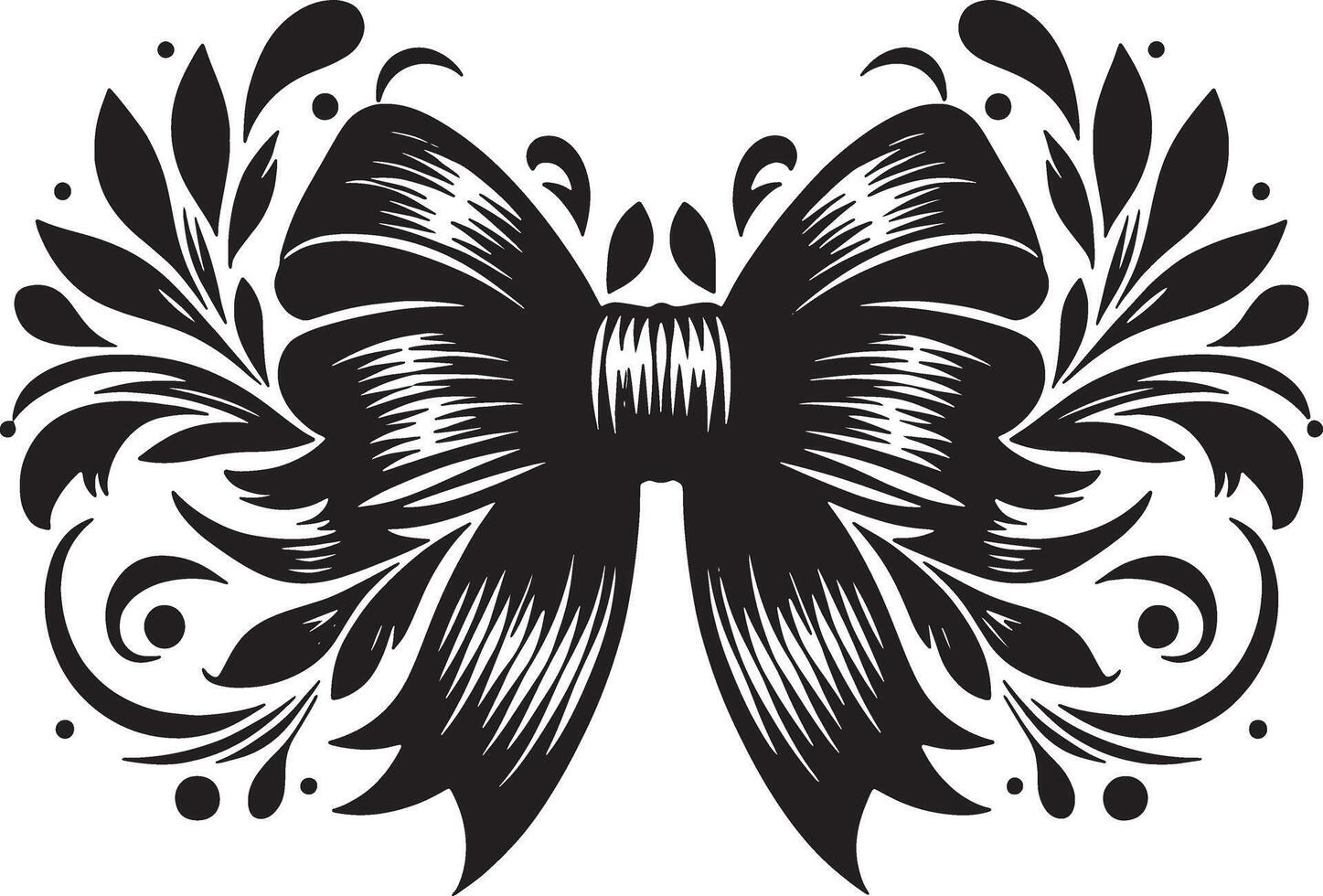 A black and white drawing of a bow with swirls vector