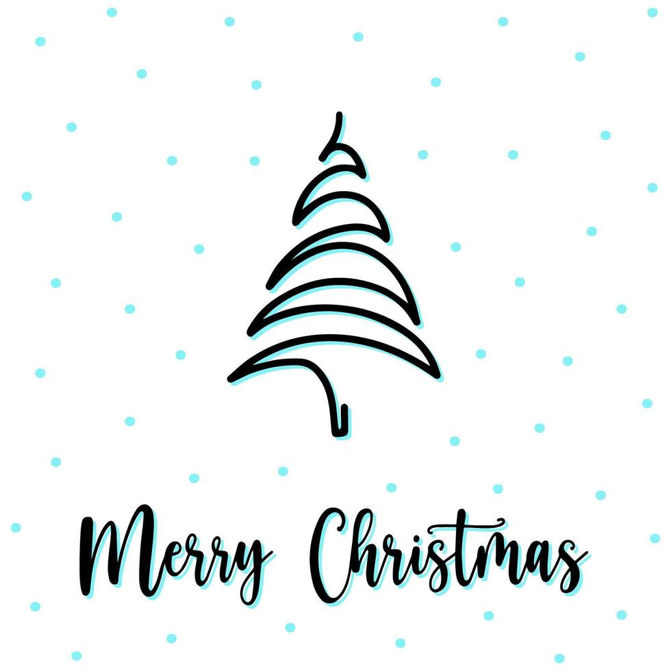 Zigzag wavy line fir tree greeting card with Merry Christmas lettering. Hand drawn wavy line fir tree, snowfall on background. Doodle wavy line fir tree for typography, design, textile. New year tree vector