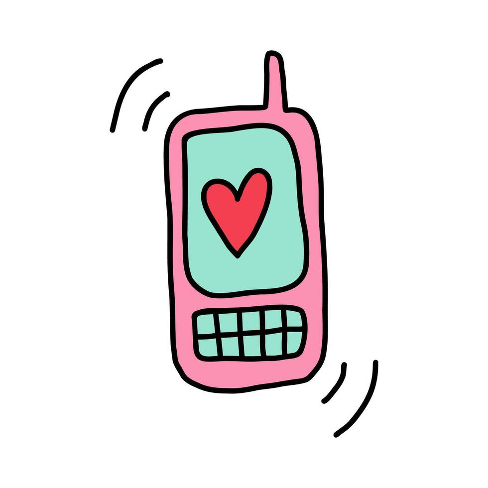 Ringing phone with heart in doodle style. Cute hand drawn phone heart, perfect for sending love messages on Valentine's Day. Ideal phone heart design for romantic greetings and heartfelt connections vector