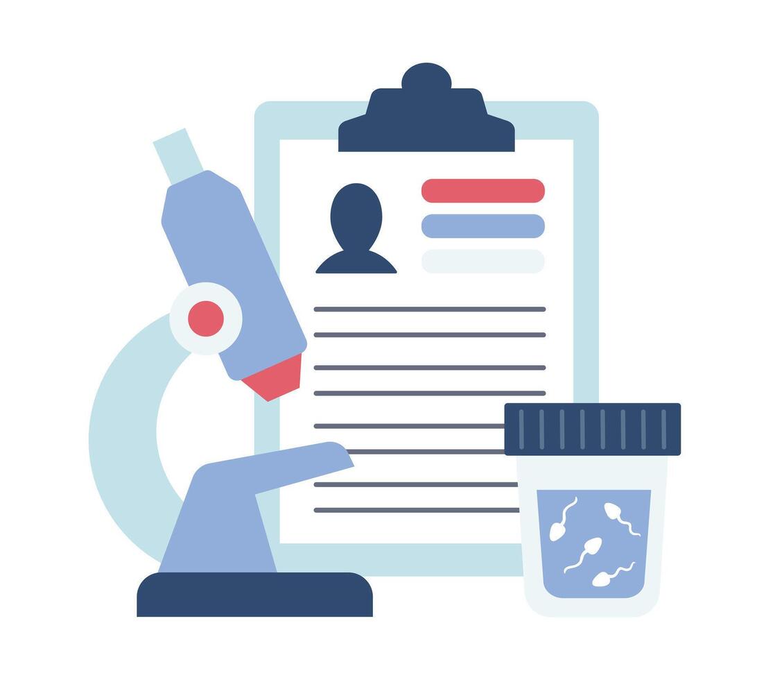 Sperm test analysis. Microscope, medical sample and tablet in flat style. vector