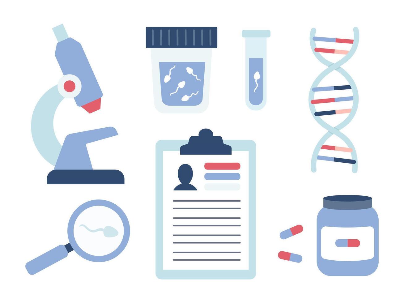 Sperm test analysis set of elements in flat style. vector