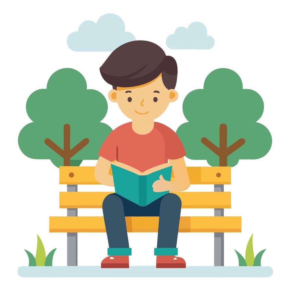A Boy Immersed in a Book on a Sunny Bench vector