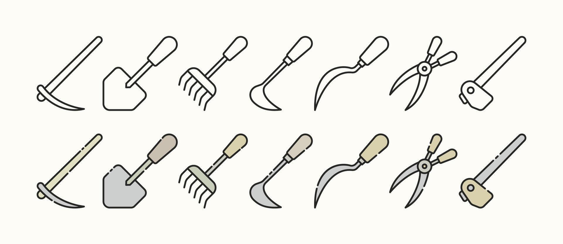 Minimalist Flat Icon Set for Essential Garden Tools with Outline and Illustration Variations vector