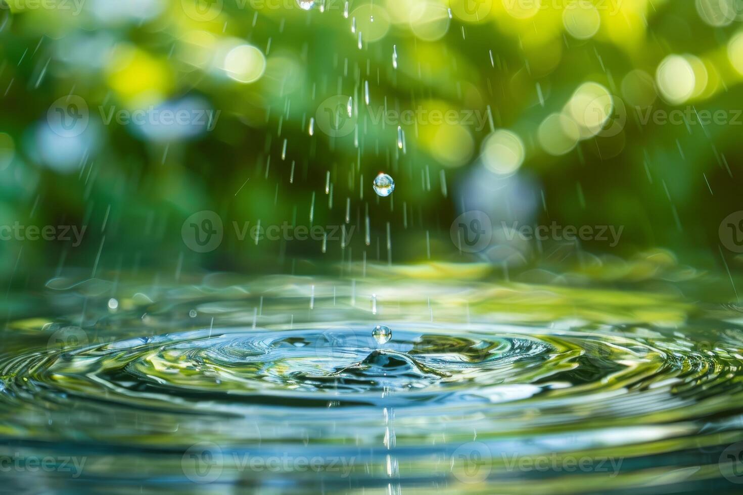 Water droplet falling making circular ripples on water surface with green bokeh background photo