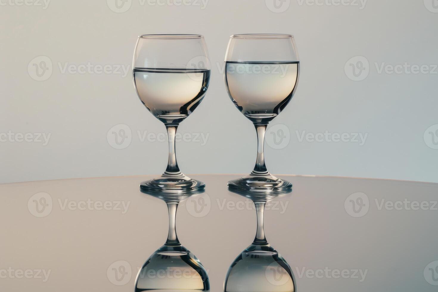 Two elegant wine glasses filled with water reflecting on a table photo