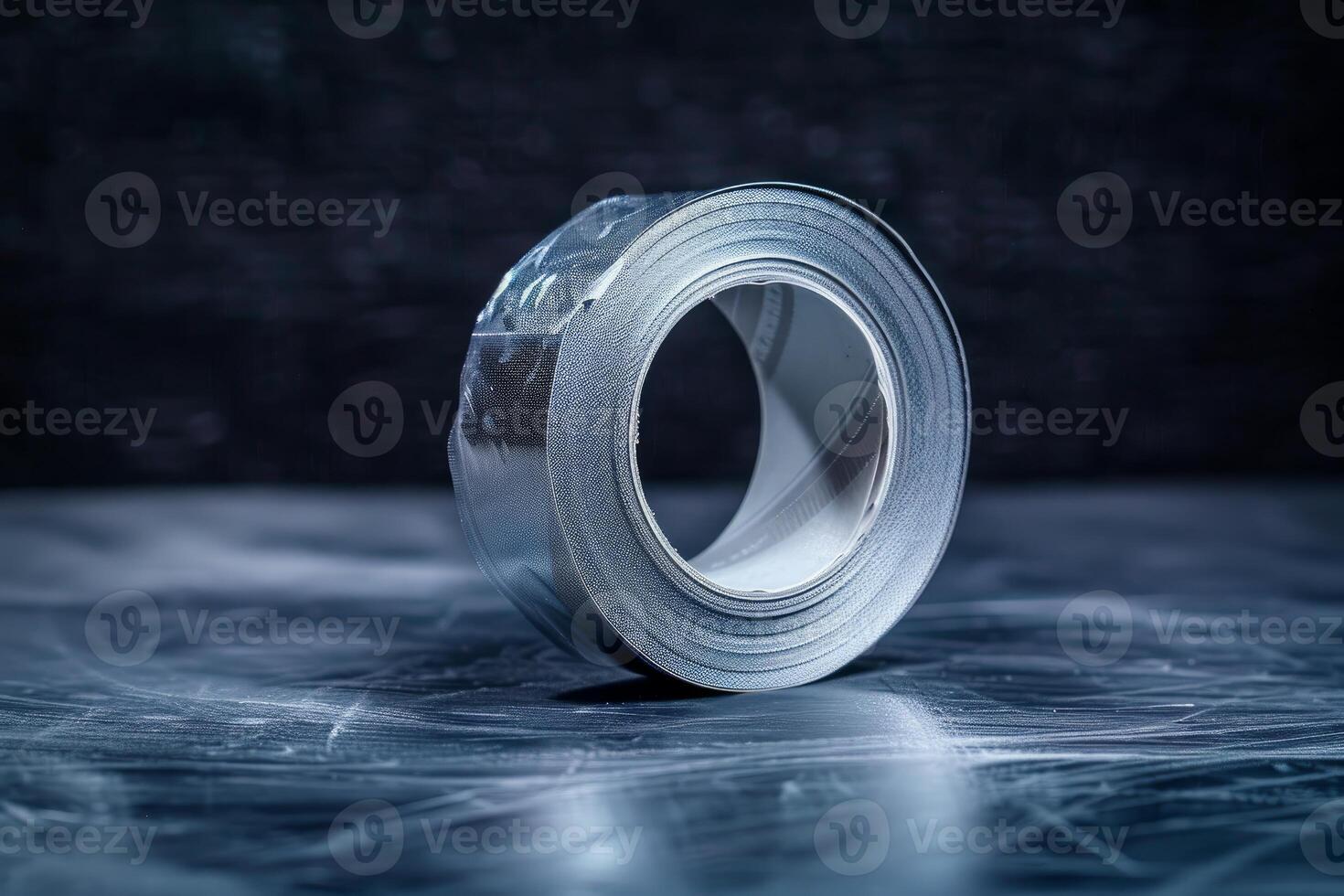 Roll of self adhesive bitumen waterproofing tape lying on a scratched metal surface photo