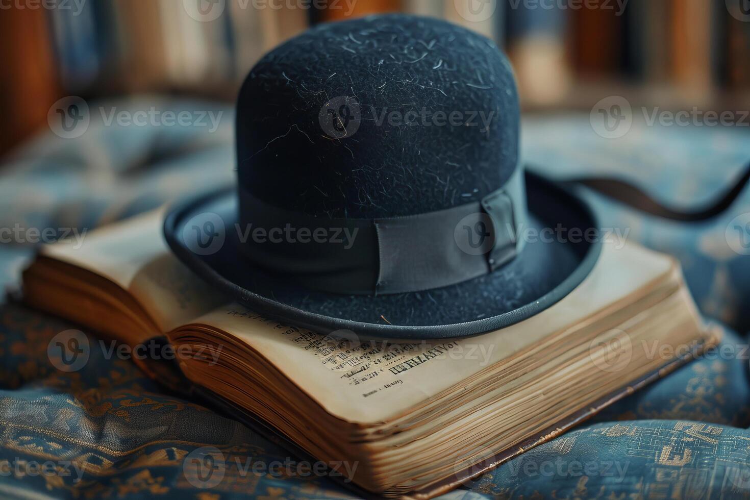 Old bowler hat resting on open book in library photo