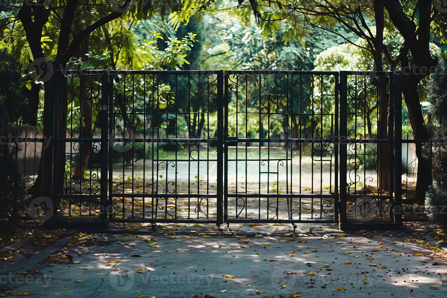Closed iron gate leading to a lush green garden photo