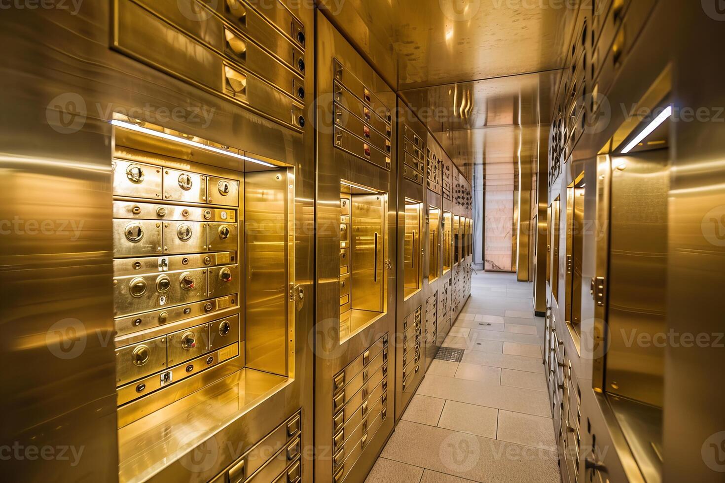 Rows of golden deposit boxes inside bank vault securing valuables photo