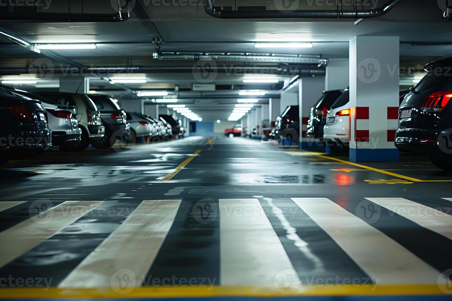Empty parking garage with fluorescent lights and crosswalk photo