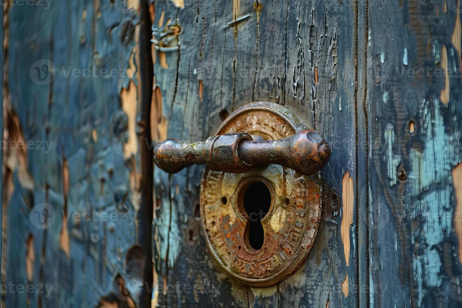 Old rusty door handle on a flaking blue door photo