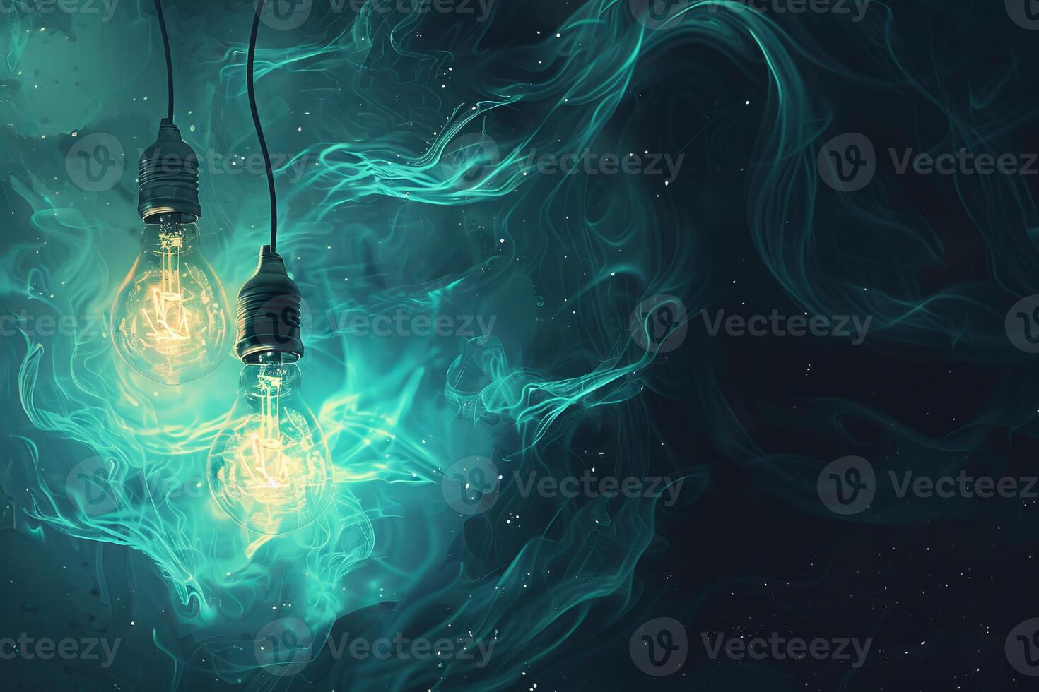 Two light bulbs hanging emitting magical turquoise smoke photo