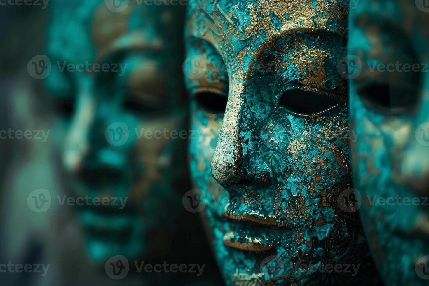 Row of turquoise and gold masks with intricate carvings photo