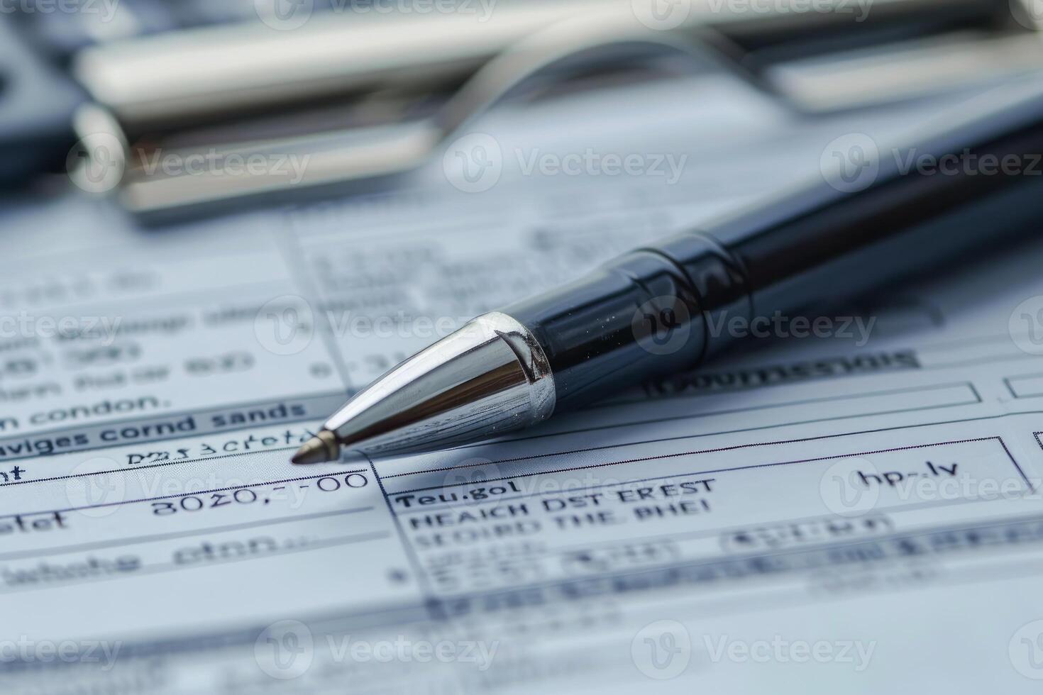 Elegant pen lying on a payment order form with a business contract in the background photo