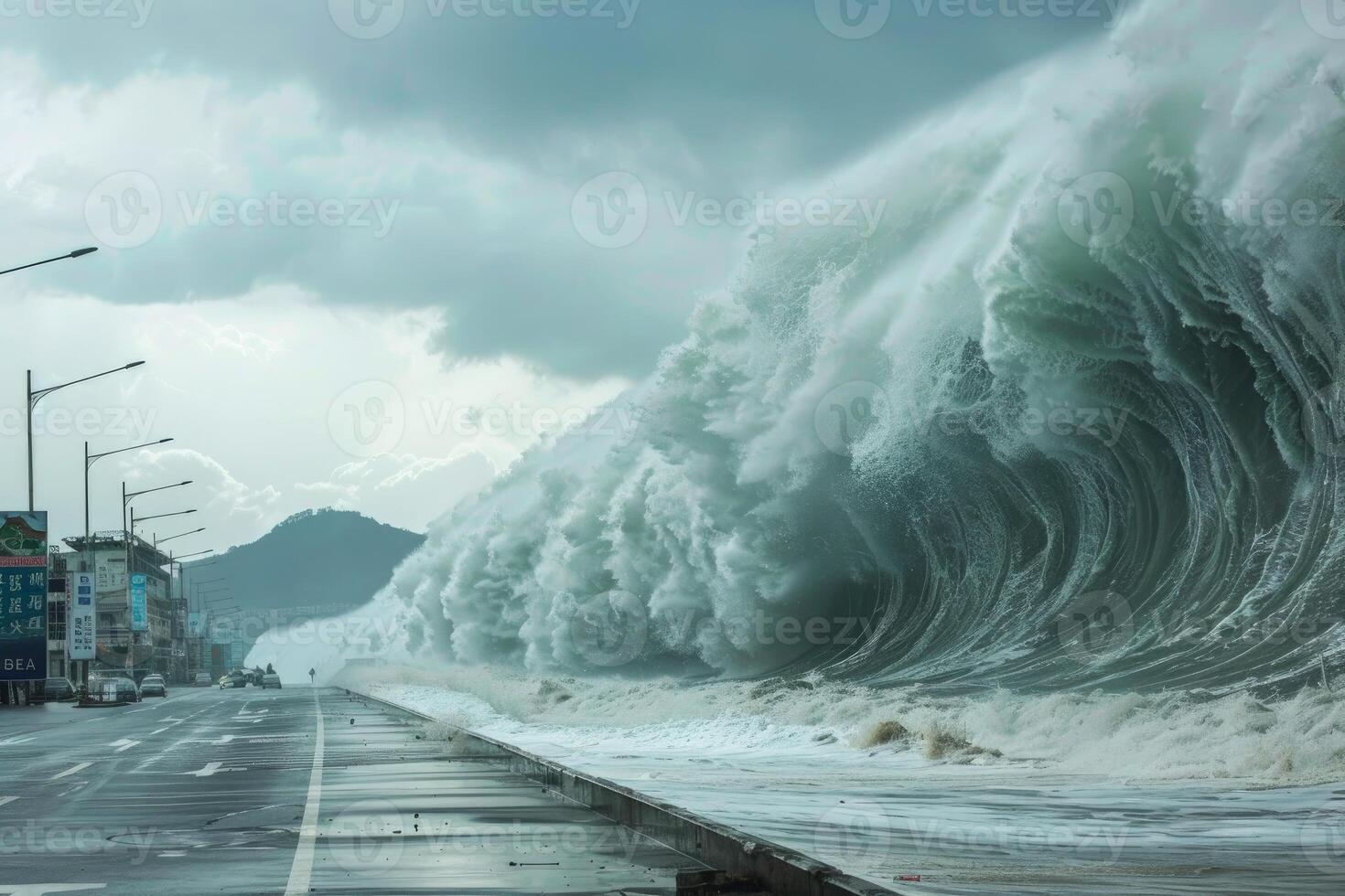 Huge wave crashing near coastal road during storm surge photo