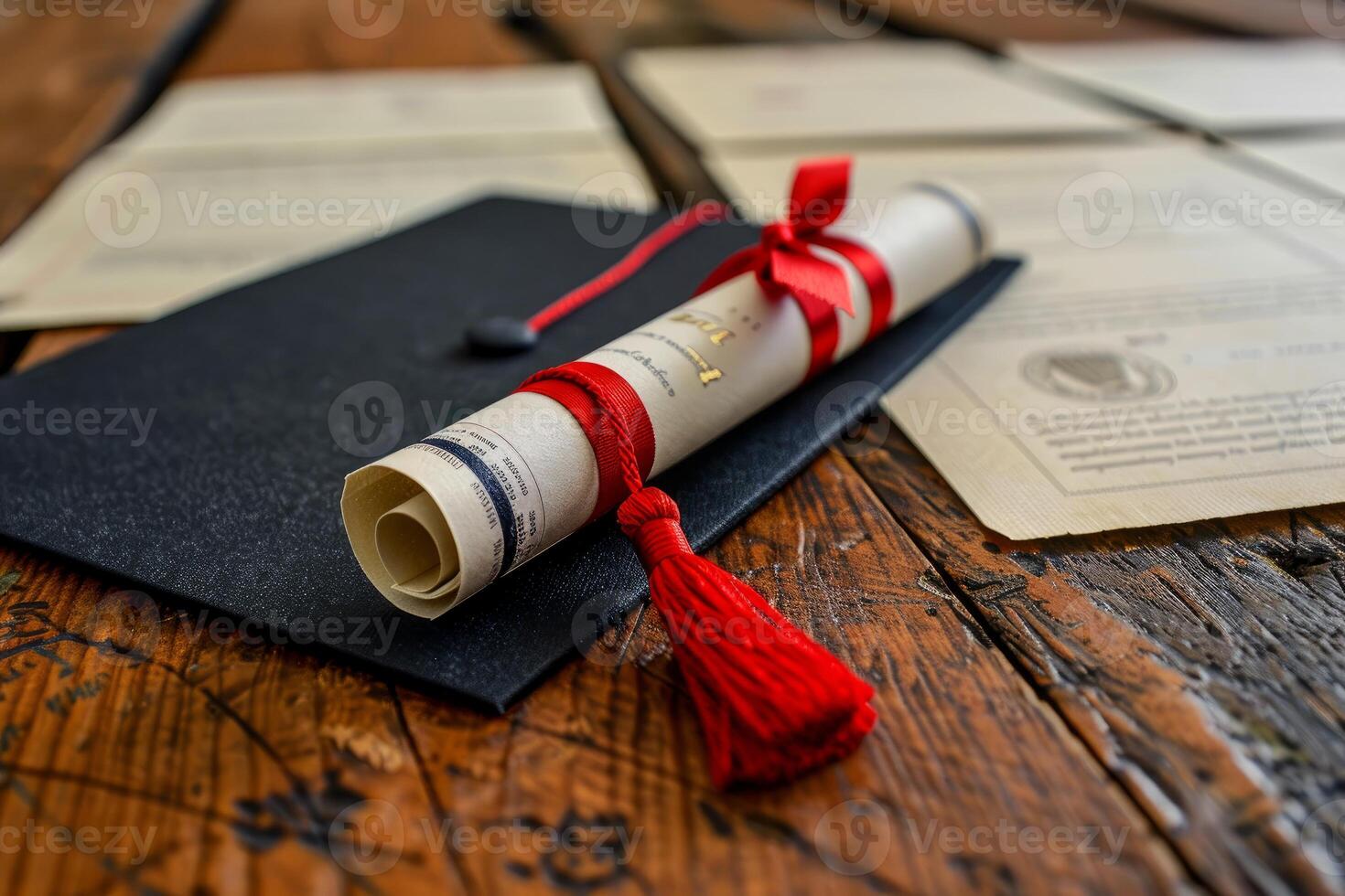 Graduation diploma tied with red ribbon lying on graduation cap on rustic wood photo