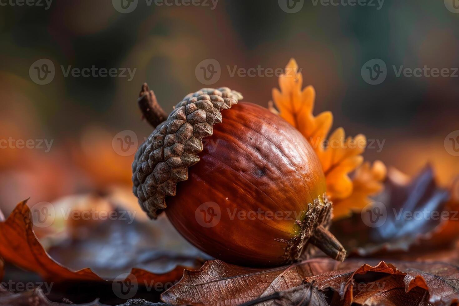 Ripe acorn lying on dry oak leaves in autumn photo