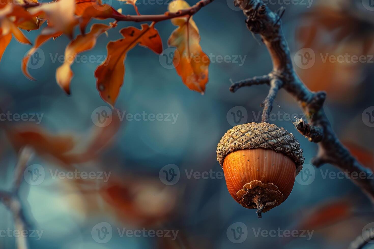 Single acorn hanging on oak tree branch in autumn photo