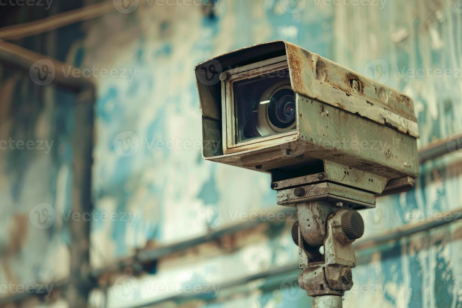 Old security camera monitoring an abandoned building photo