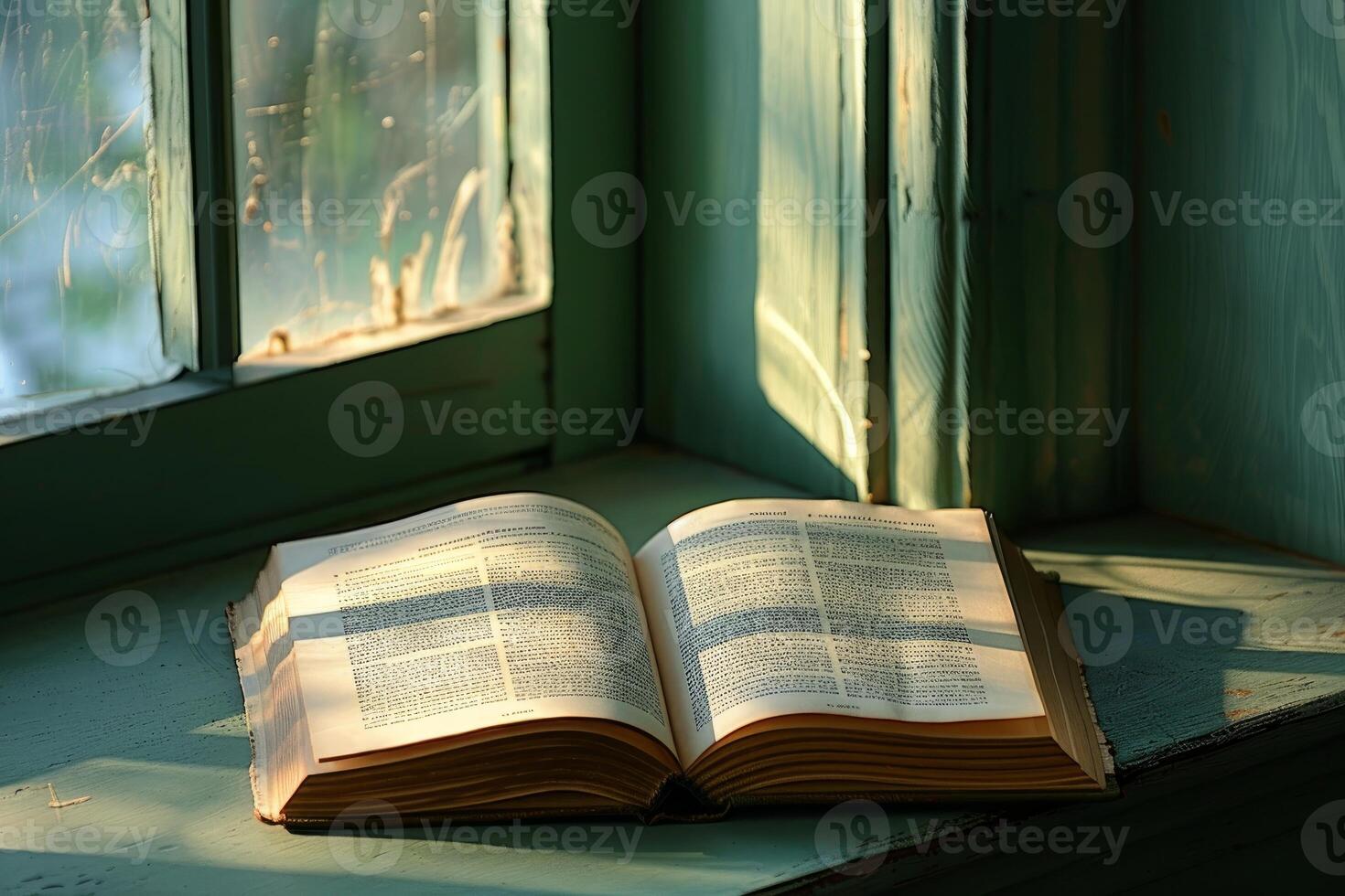 Open book resting on windowsill with sunlight streaming through window photo